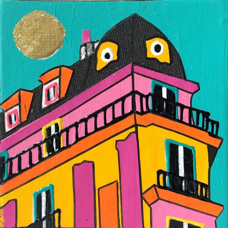 Painting Contre-plongée by Lovisa | Painting Pop-art Urban Acrylic Gluing Posca Gold leaf Upcycling