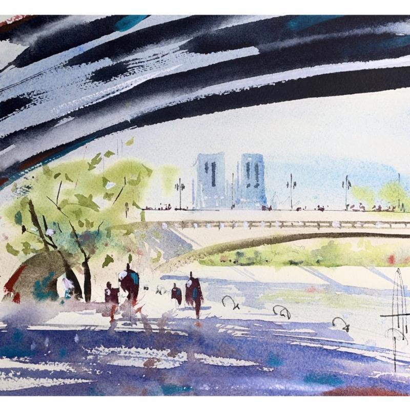 Peinture Les quais Notre-Dame par Bailly Kévin  | Tableau Figuratif Urbain Architecture Aquarelle Encre