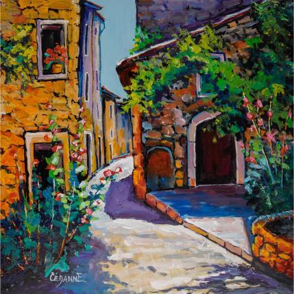 Peinture Vieilles pierres et roses trémières par Cédanne | Tableau Figuratif Acrylique, Huile Paysages, Scènes de vie, Urbain
