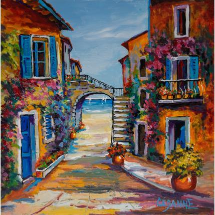 Peinture Passerelle dans la vieille ruelle fleurie par Cédanne | Tableau Figuratif Acrylique, Huile Marine, Paysages, Scènes de vie