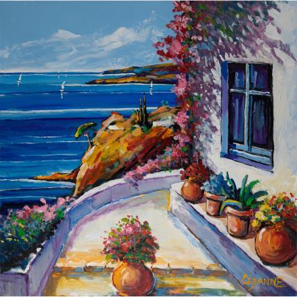 Peinture Coin de terrasse sur la mer Méditerranée par Cédanne | Tableau Figuratif Acrylique, Huile Marine, Paysages