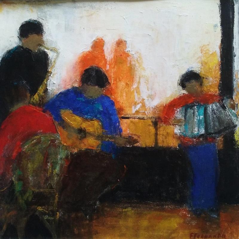 Peinture Instant de bonheur par Fernando | Tableau Figuratif Musique Scènes de vie Huile