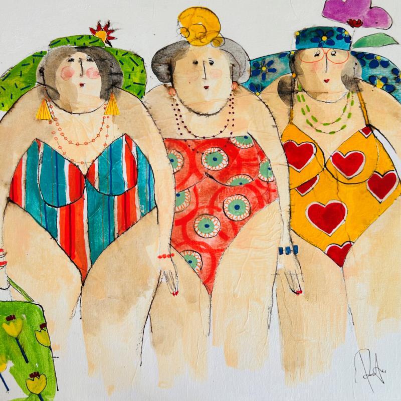 Painting Marie, Claude et Véronique by Colombo Cécile | Painting Naive art Portrait Watercolor Acrylic Gluing Ink Pastel