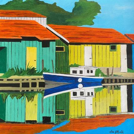 Pintura Les cabanes et le bateau por Du Planty Anne | Pintura Figurativo Acrílico Arquitectura, Marine
