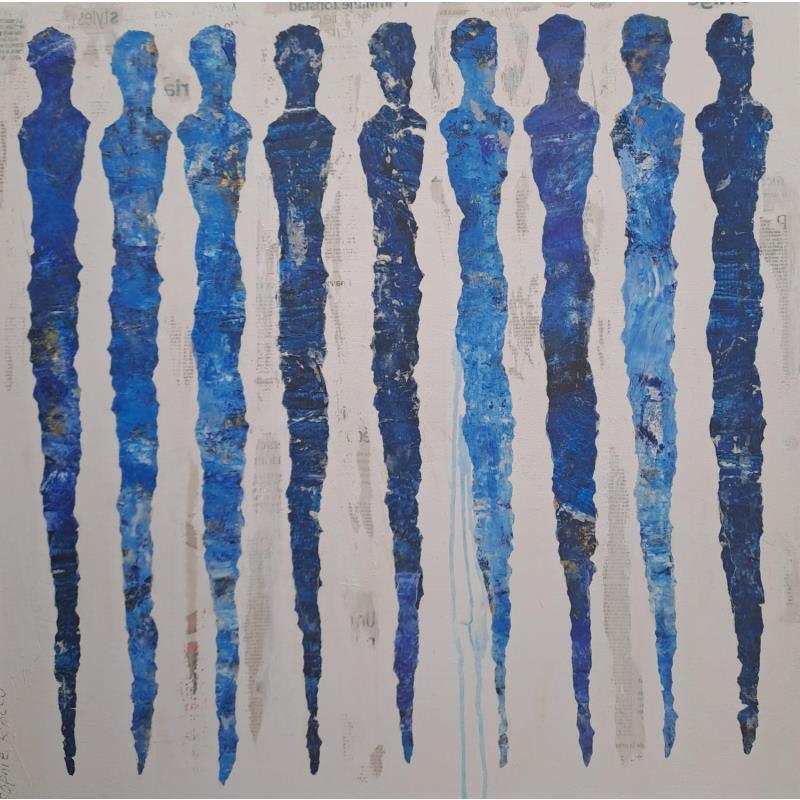 Peinture Fées Magiques Azurées par Rocco Sophie | Tableau Art Singulier Acrylique Collage Sable