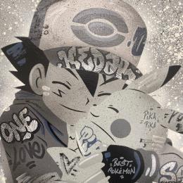 Peinture Pika Sacha Gris par Lemoine Mael | Tableau Pop-art Acrylique, Graffiti Icones Pop