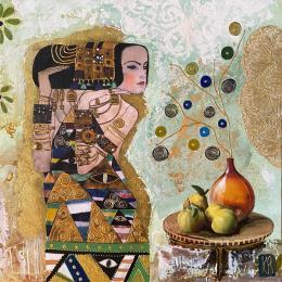 Painting Alissa by Romanelli Karine | Painting Figurative Acrylic, Gluing, Gold leaf, Paper, Pastel, Posca Life style