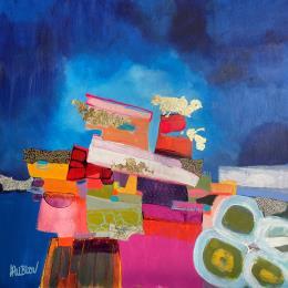 Peinture Le paquebot de Mr Paul par Lau Blou | Tableau Abstrait Acrylique, Collage, Feuille d'or, Papier, Pastel Paysages