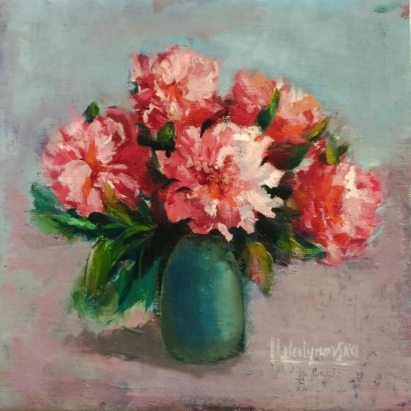 Peinture F2004 Éclat de Pivoines en Vase de Verre par Malynovska Iryna | Tableau Impressionnisme Nature Huile