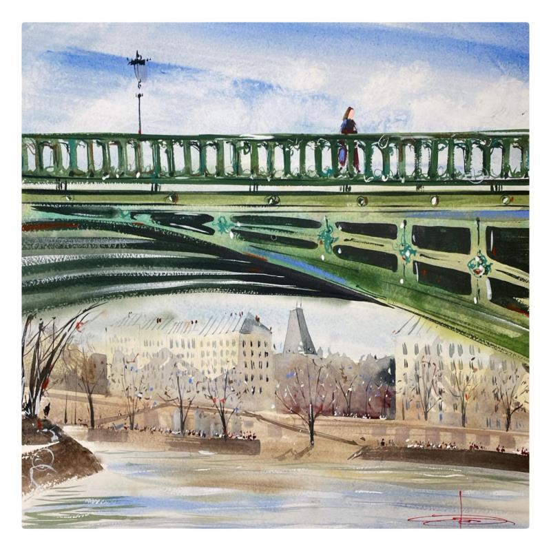 Peinture Coule la Seine  par Bailly Kévin  | Tableau Figuratif Urbain Architecture Aquarelle Encre