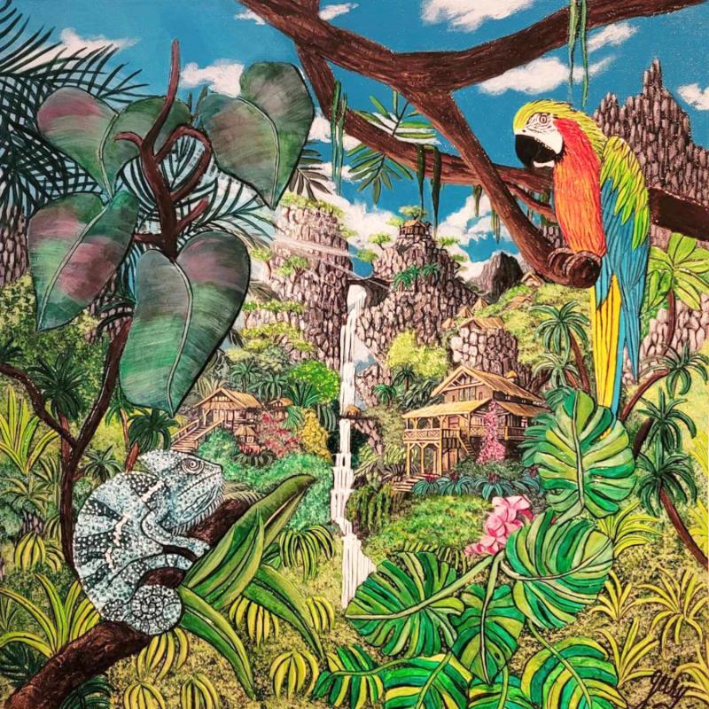 Painting PUMON VERDE by Geiry | Painting Subject matter Landscapes Nature Animals Acrylic Pigments Marble powder