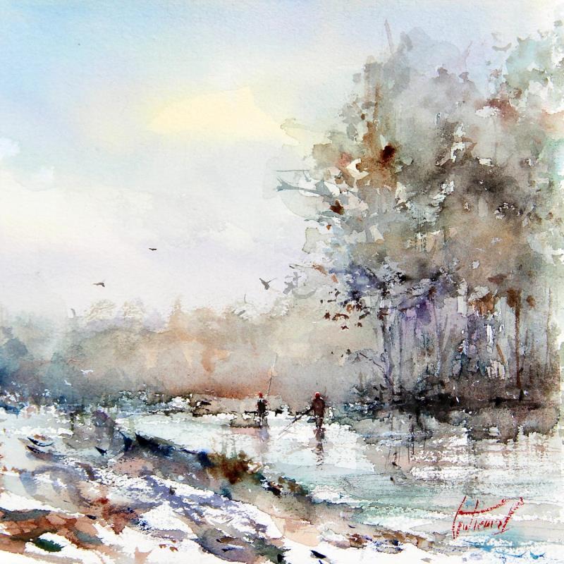 Pintura Pêche à la mouche en Touraine por Gutierrez | Pintura Impressionism Paisajes Acuarela