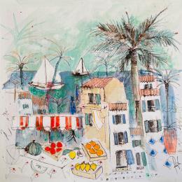 Painting Marché au bord de l' eau by Colombo Cécile | Painting Naive art Acrylic, Gluing, Ink, Pastel, Watercolor Landscapes, Life style, Marine