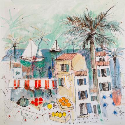 Peinture Marché au bord de l' eau par Colombo Cécile | Tableau Art naïf Acrylique, Aquarelle, Collage, Encre, Pastel Marine, Paysages, Scènes de vie