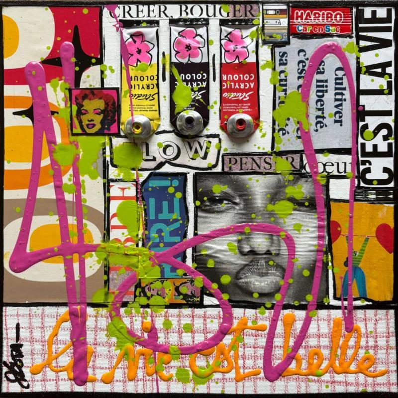 Peinture La vie est belle ! par Costa Sophie | Tableau Pop-art Acrylique Collage Upcycling