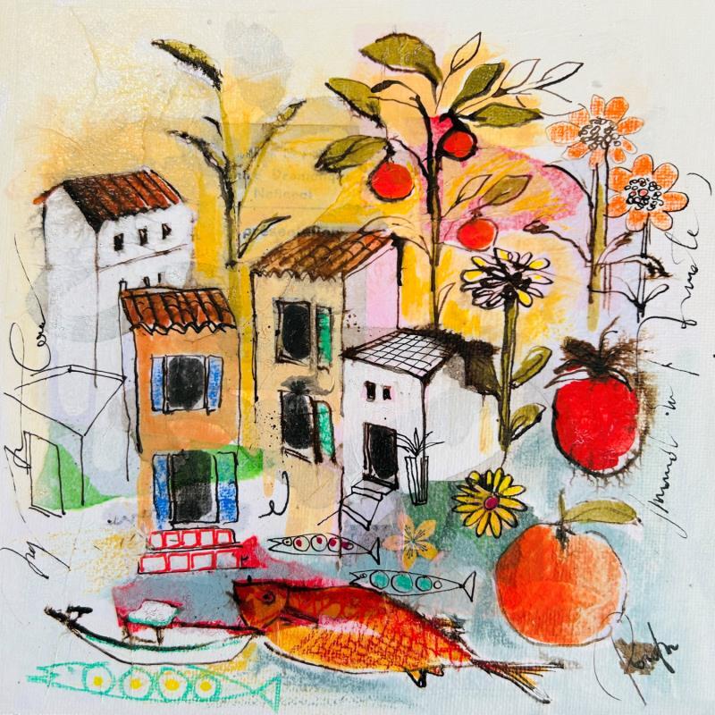 Gemälde Potager au village von Colombo Cécile | Gemälde Naive Kunst Landschaften Natur Alltagsszenen Aquarell Acryl Collage Tinte Pastell