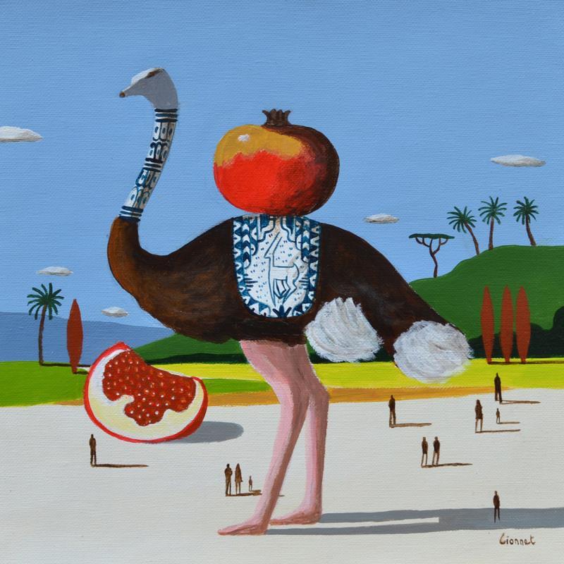 Peinture  Autruche et grenades par Lionnet Pascal | Tableau Surréalisme Scènes de vie Animaux Natures mortes Acrylique