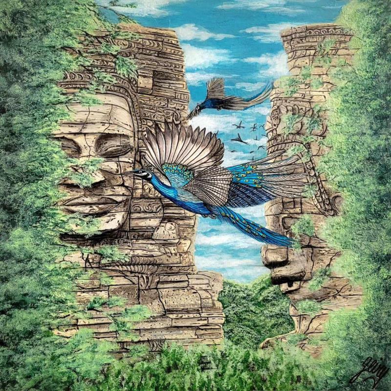 Painting LE PAON D'ANGKOR VAT by Geiry | Painting Subject matter Landscapes Nature Animals Acrylic Pigments Marble powder