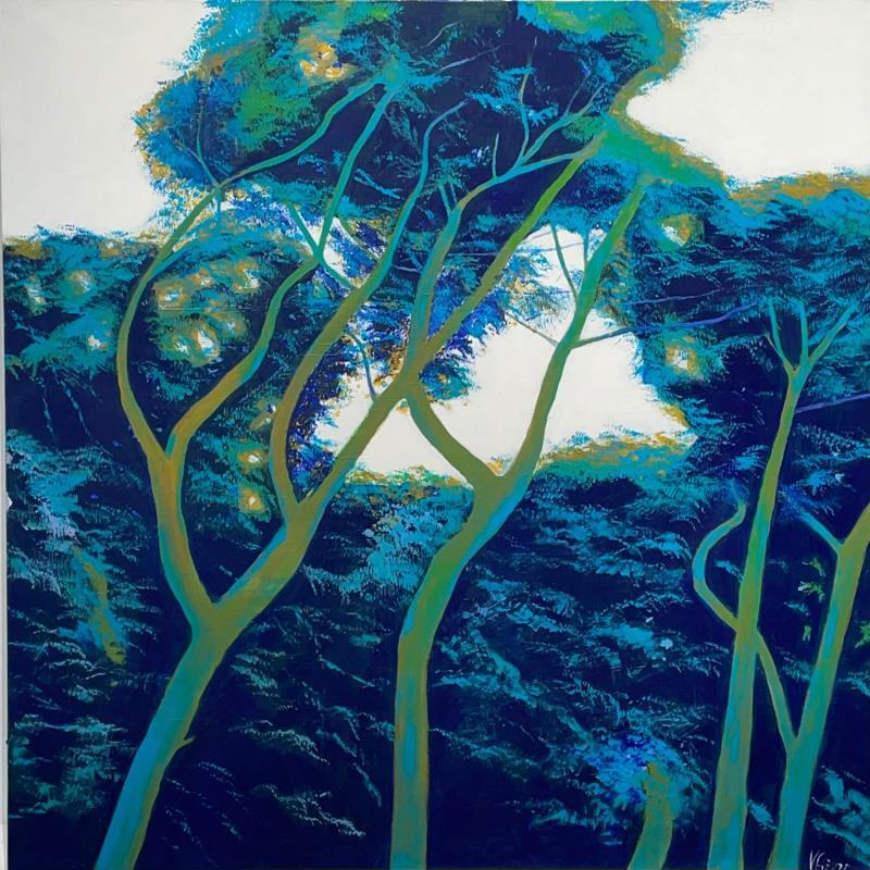 Peinture Cîmes en bleu et vert par Fièvre Véronique | Tableau Figuratif Acrylique