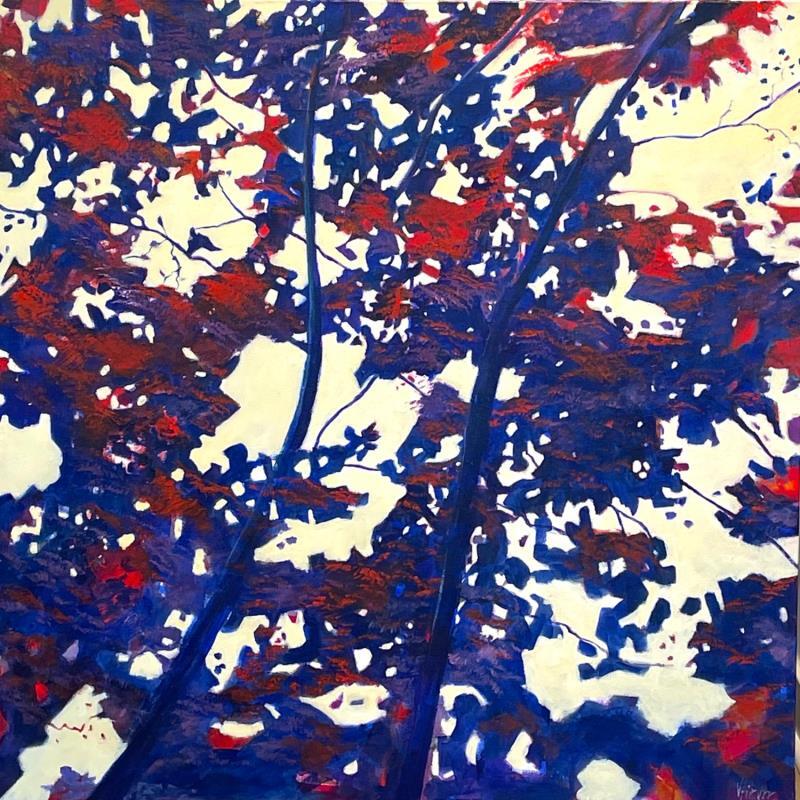 Peinture Feuillages en bleu et rouge par Fièvre Véronique | Tableau Figuratif Acrylique