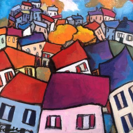 Peinture Maisons dans la prairie  par Fauve | Tableau Figuratif Acrylique Paysages