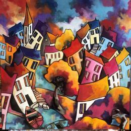 Painting Village arc en ciel  by Fauve | Painting Figurative Acrylic Landscapes