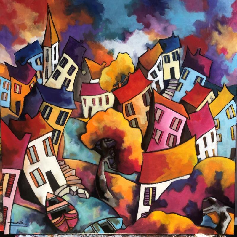 Peinture Village arc en ciel par Fauve | Tableau Figuratif Paysages Acrylique