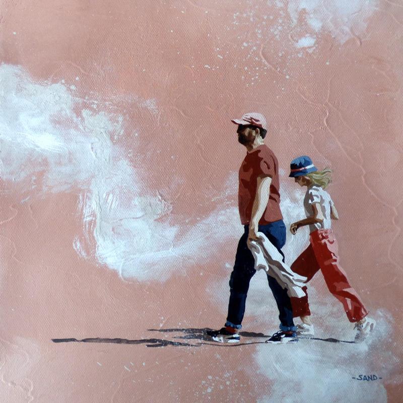 Peinture papa d'automne sablé par Sand | Tableau Figuratif Marine Scènes de vie Enfant Acrylique