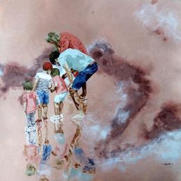 Peinture tribu d'Atlantique par Sand | Tableau Figuratif Acrylique Enfant, Marine, Scènes de vie