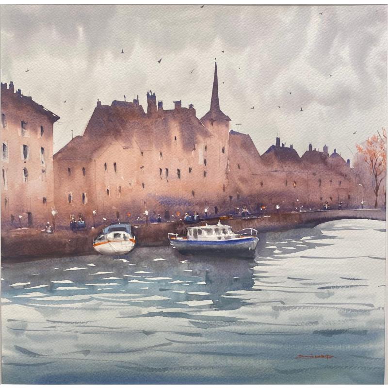 Painting Quay and the Church of Saint Nicolas, Strasbourg II by Dandapat Swarup | Painting Figurative Urban Watercolor