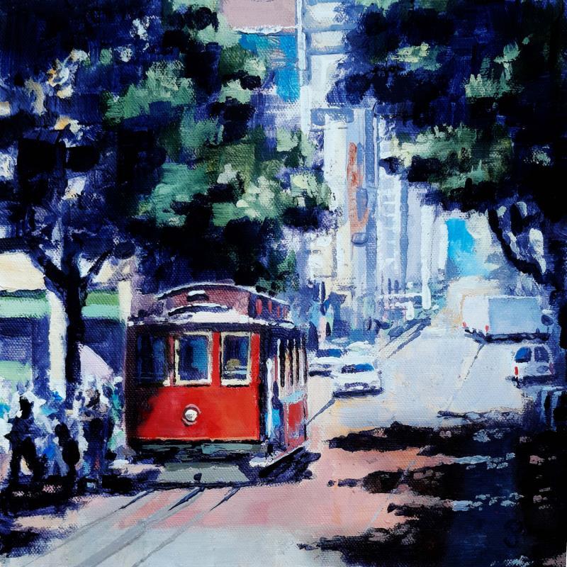 Pintura San Francisco red tram por Poumès Jérôme | Pintura Figurativo Urbano Acrílico