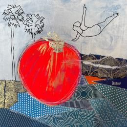 Peinture Plongeon dans le soleil par Lau Blou | Tableau Abstrait Acrylique, Carton, Collage, Feuille d'or, Papier Paysages