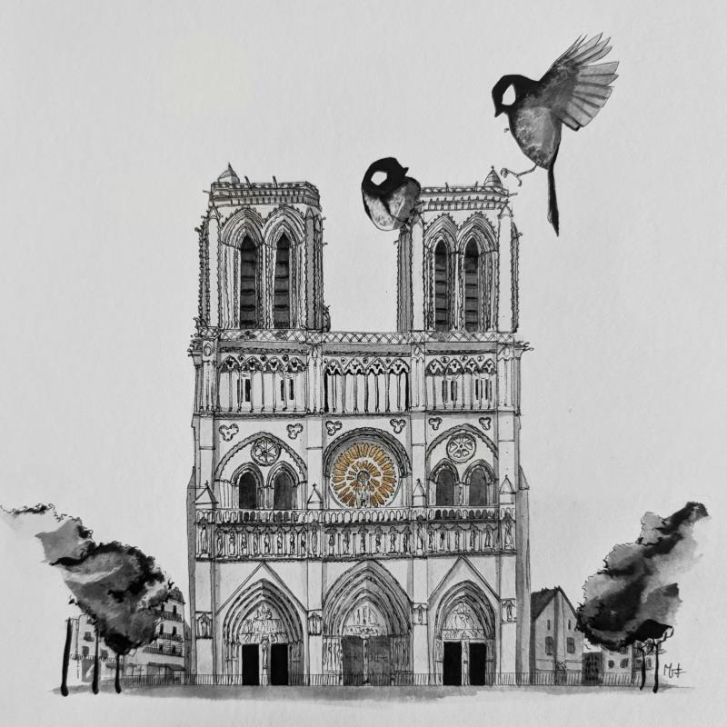 Peinture Notre dame par Mü | Tableau Figuratif Animaux Architecture Noir & blanc Encre Feuille d'or