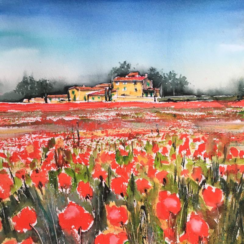 Painting Le domaine des coquelicots by Hoffmann Elisabeth | Painting Figurative Landscapes Urban Nature Watercolor
