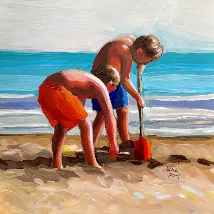 Peinture Les enfants à la pelle rouge par Alice Roy | Tableau Figuratif Acrylique Scènes de vie