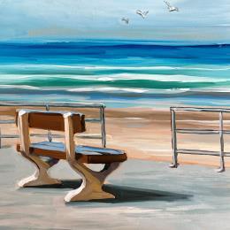 Peinture F3 le banc sur la digue par Alice Roy | Tableau Figuratif Acrylique Marine, Nature, Paysages