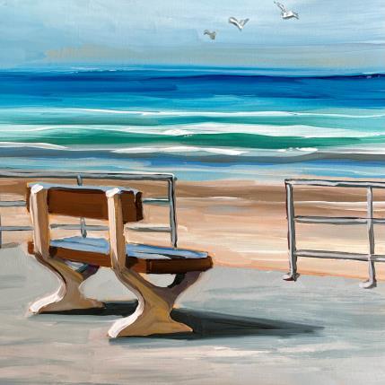 Peinture F3 le banc sur la digue par Alice Roy | Tableau Figuratif Acrylique Marine, Nature, Paysages