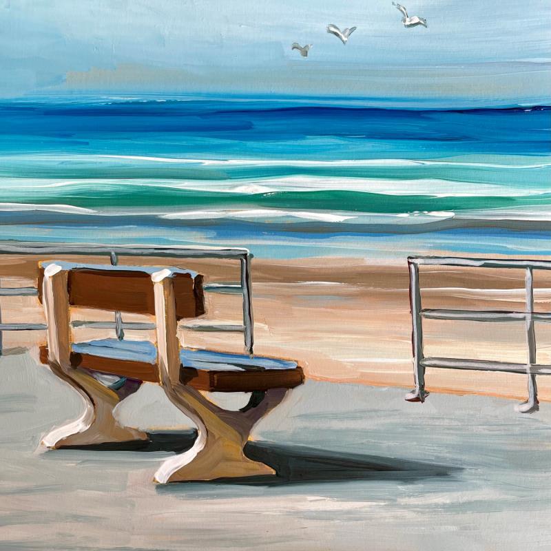 Peinture F3 le banc sur la digue par Alice Roy | Tableau Figuratif Paysages Marine Nature Acrylique