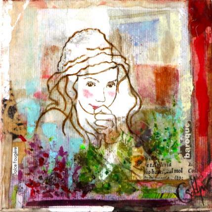 Gemälde F1 Douce fougère von Sablyne | Gemälde Art brut Acryl, Blattgold, Collage, Holz, Papier, Pastell, Pigmente, Tinte, Upcycling Alltagsszenen, Kinder, Porträt