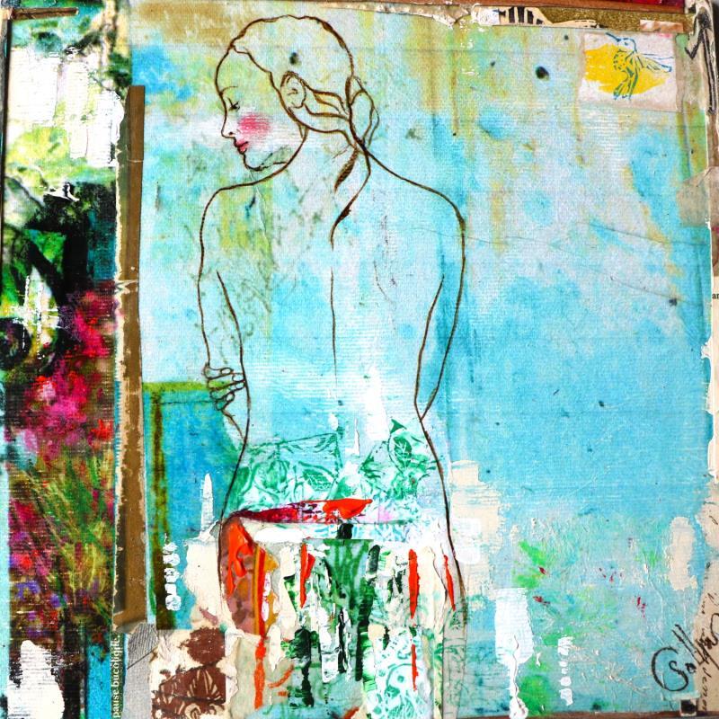 Peinture Violette sur cour par Sablyne | Tableau Art Singulier Scènes de vie Bois Acrylique Collage Encre Pastel Feuille d'or Upcycling Papier Pigments