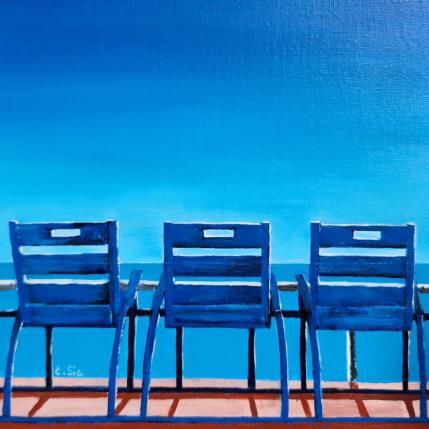 Pintura Les sages chaises bleues por Sie Evelyne | Pintura Figurativo Acrílico Life style