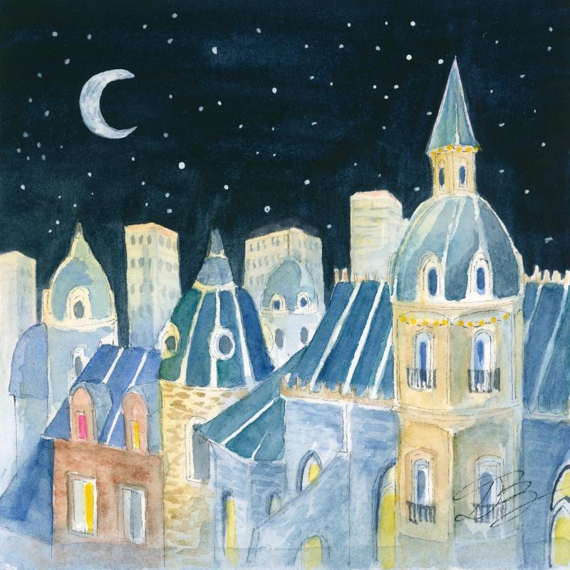 Gemälde Clair de lune von Balme Delphine | Gemälde Figurativ Alltagsszenen Aquarell