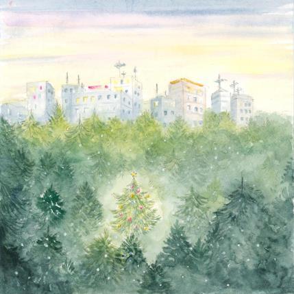 Peinture Au loin la ville par Balme Delphine | Tableau Figuratif Aquarelle Paysages