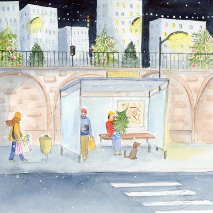 Peinture Arrêt de bus par Balme Delphine | Tableau Figuratif Aquarelle Scènes de vie