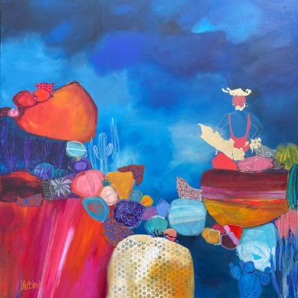 Painting Entre rochers et mer by Lau Blou | Painting Abstract Acrylic, Gluing, Gold leaf, Paper, Pastel, Resin Landscapes