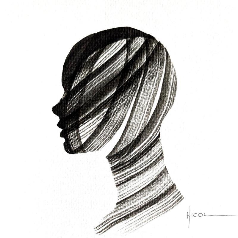 Peinture Time CCCXVI par Nicol | Tableau Figuratif Portraits Minimaliste Noir & blanc Encre Papier