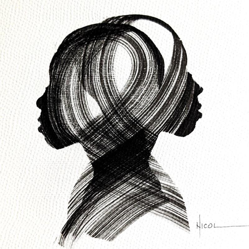 Gemälde Time CCCXV von Nicol | Gemälde Figurativ Porträt Minimalistisch Schwarz & Weiß Tinte Papier