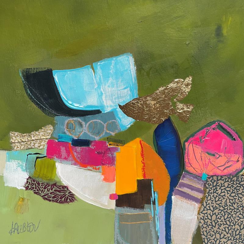 Painting Arbres dans le pré by Lau Blou | Painting Abstract Landscapes Acrylic Gluing Pastel Gold leaf Paper