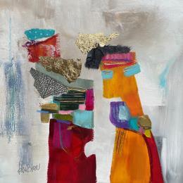 Painting Les revendicatrices by Lau Blou | Painting Abstract Acrylic, Gluing, Gold leaf, Paper, Pastel Pop icons, Portrait