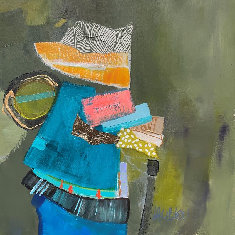 Painting Vieil homme à la cane by Lau Blou | Painting Abstract Portrait Acrylic Gluing Pastel Gold leaf Paper